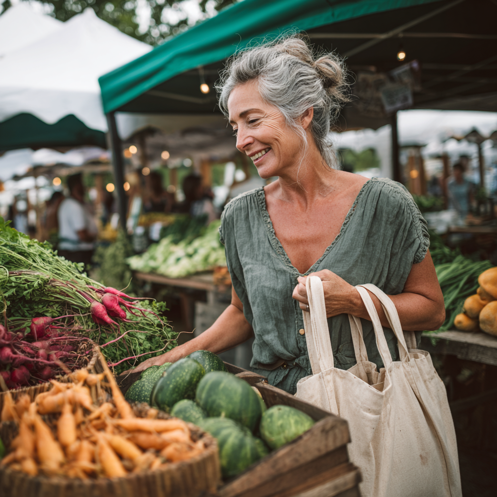 Active woman in her early fifties shopping for fresh organic vegetables at local farmers market with reusable bags