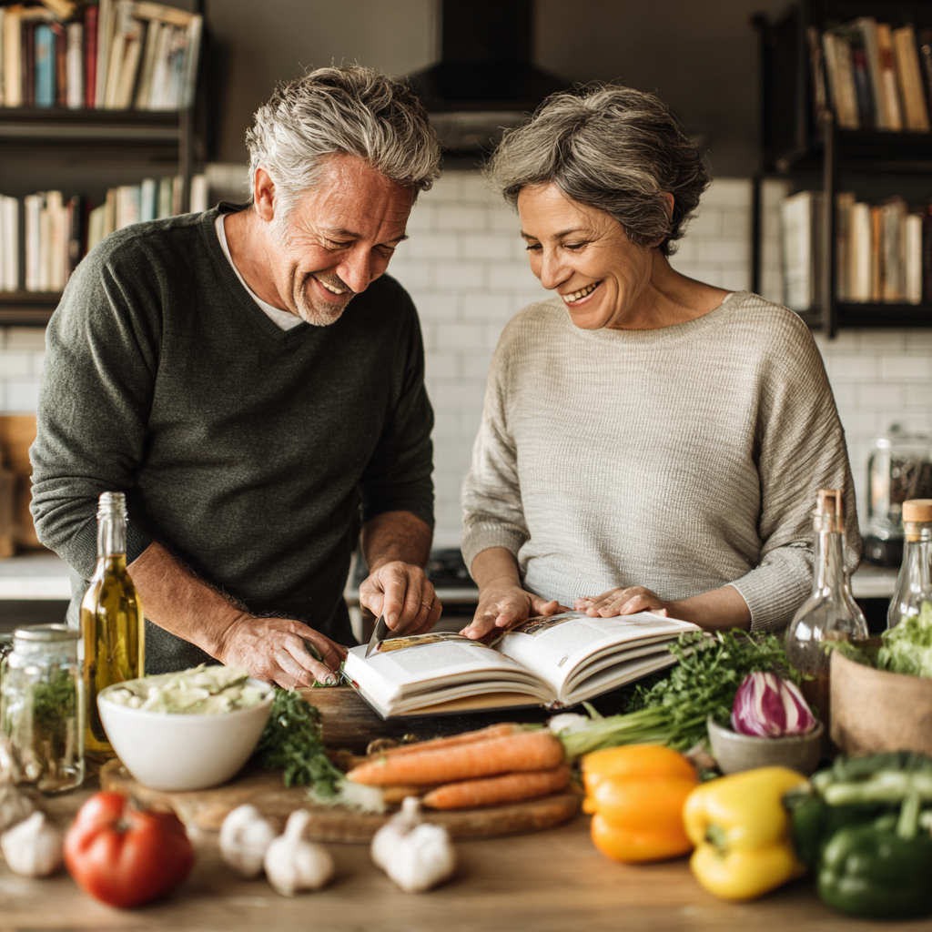 Mature couple in their fifties preparing healthy meal together in bright kitchen with fresh produce and recipe book