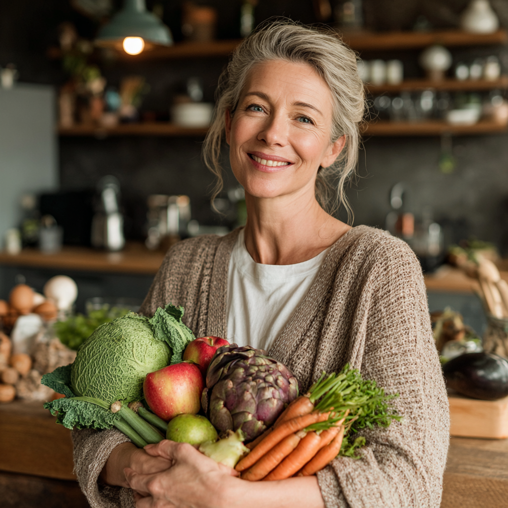 Smiling middle-aged woman in her late forties holding fresh vegetables and fruits in modern kitchen, healthy lifestyle concept
